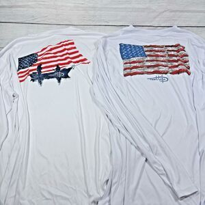 Reel Life Mens XXL Fishing Shirts Lot 2 White Quick Dry USA Flag Fishermen Boat